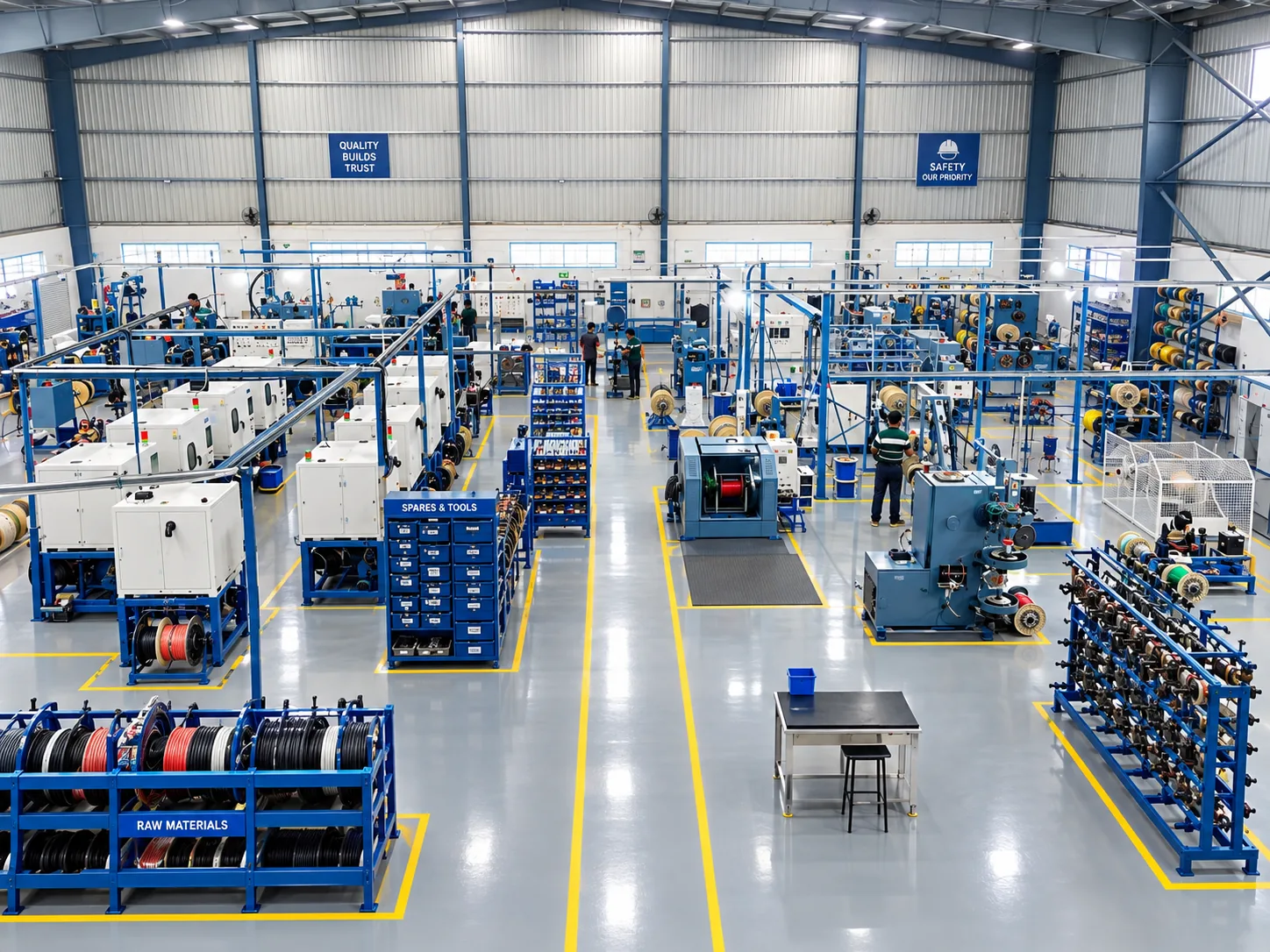 Production floor of the YBS Cables plant in Bhiwadi with cable machines