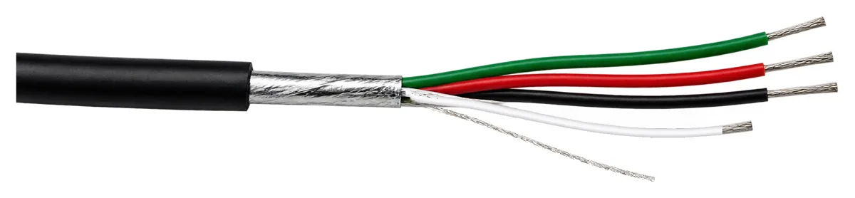YBS 4 core shielded load cell cable: red, black, green and white cores, foil shield and tinned copper drain wire