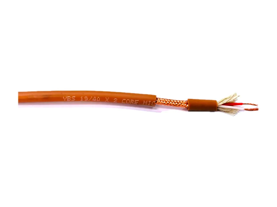 Stripped YBS MC1940 19/40 two core microphone cable showing copper braid