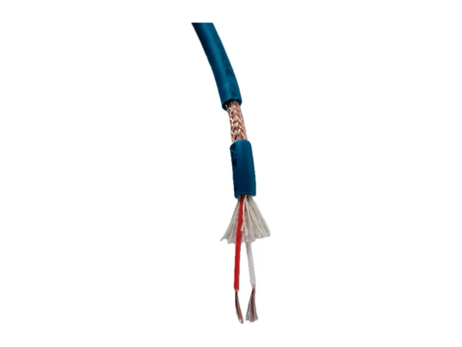 Stripped YBS MC1942 microphone cable showing braid shield and two cores