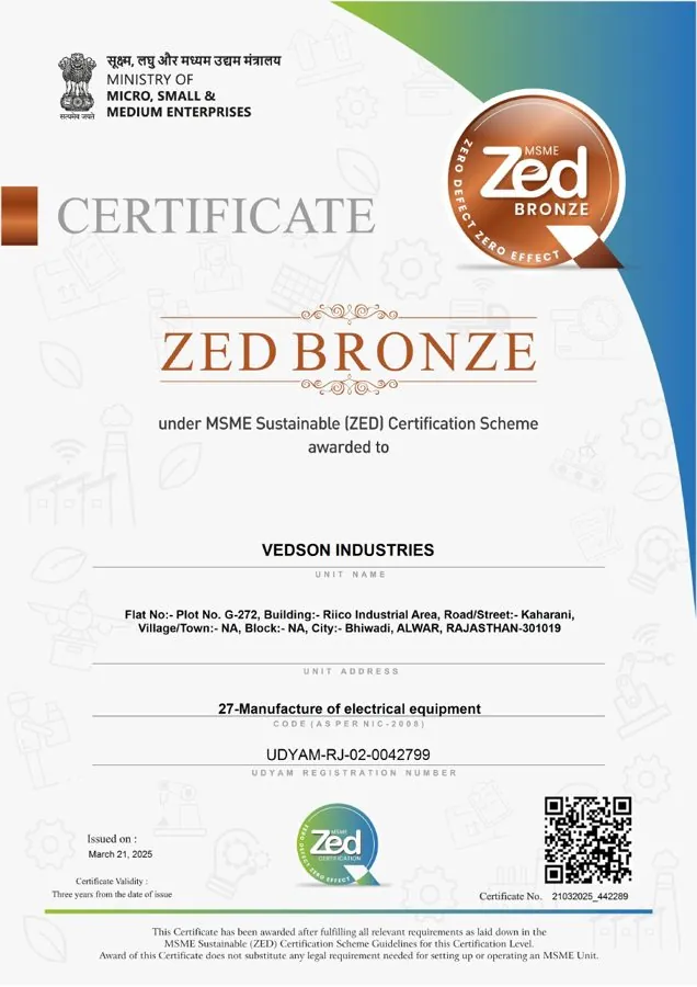 MSME ZED Bronze certificate awarded to Vedson Industries by the Ministry of MSME, Government of India
